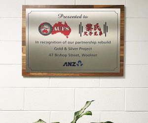 stainless steel on timber plaque